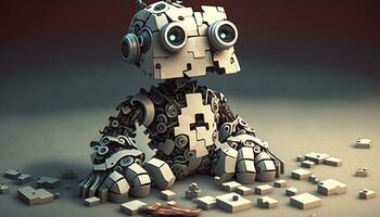 Cute introverted robot jigsaw puzzle. Generative AI. photo