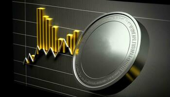 A silver coin icon laced on a silvery gray stock chart. Generative AI. photo