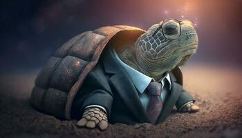 Turtle in a suit on a black background. AI Generative. photo