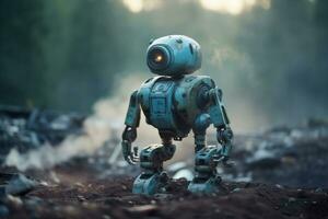 un robot con un destruido ciudad después el final de el mundo. ai generativo. foto
