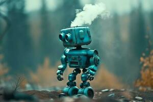 A robot with a destroyed city after the end of the world. AI Generative. photo