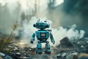 A robot with a destroyed city after the end of the world. AI Generative. photo