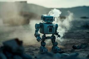 A robot with a destroyed city after the end of the world. AI Generative. photo