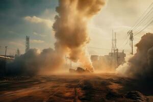 Chimney and black smoke above chemical industry at sunset. AI Generative. photo