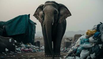 An elephant stands among the piles of plastic waste looking for food and shelter, Concept of saving the world. Generative AI. photo