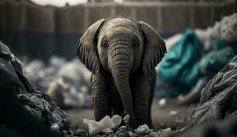 un elefante soportes entre el pila de algo de el plastico residuos mirando para comida y refugio, concepto de ahorro el mundo. generativo ai. foto