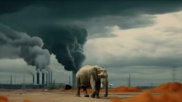 elephant stands watching a petrochemical refinery at sunrise. Generative AI. photo