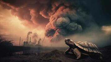 turtle standing looking at toxic fumes from a petrochemical refinery at sunrise. Generative AI. photo