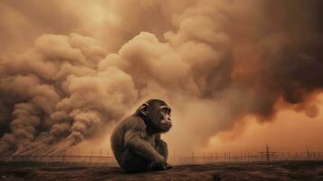 The monkey sits and looks at the chemicals above the factory. Generative AI. photo