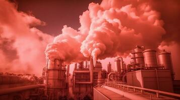 Pictures of toxic smoke from oil refineries, petrochemical plants, petroleum, chemical industries. Generative AI. photo