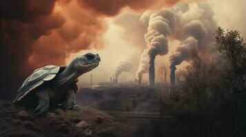 turtle stands watching a petrochemical refinery at sunrise. Generative AI. photo