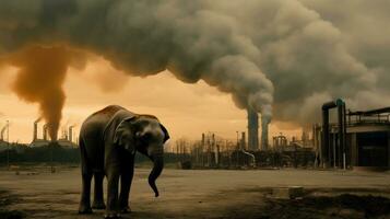 elefante soportes acecho un petroquímico refinería a amanecer. generativo ai. foto