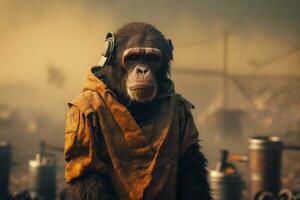 A monkey stands in front of chemicals above the factory. Generative AI. photo