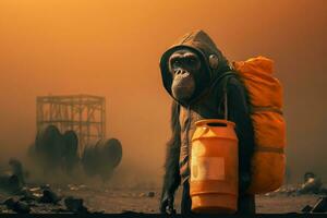 Monkey standing watching chemicals from factory at sunrise. Generative AI. photo