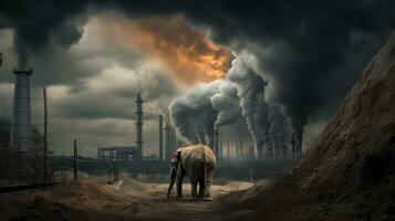 elephant stands watching a petrochemical refinery at sunrise. Generative AI. photo