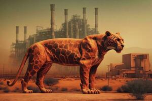 Jaguar panther standing in front Toxic mass from a chemica. Generative AI. photo