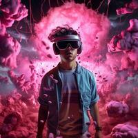 Young man using virtual reality headset. VR glasses, futuristic, technology, online education, education, video game concept. Generative AI. photo