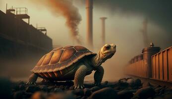 turtle stands watching a petrochemical refinery at sunrise. Generative AI. photo