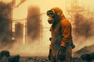 A monkey stands in front of chemicals above the factory. Generative AI. photo