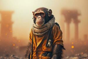 A monkey stands in front of chemicals above the factory. Generative AI. photo