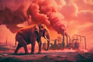 elephant stands watching a petrochemical refinery at sunrise. Generative AI. photo