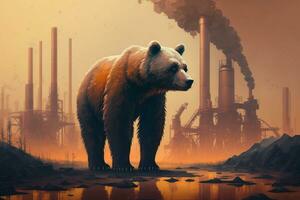bear stands watching a petrochemical refinery at sunrise. Generative AI. photo