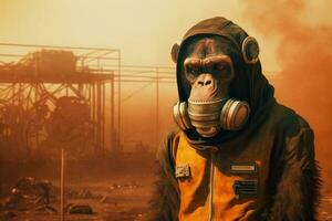 A monkey stands in front of chemicals above the factory. Generative AI. photo