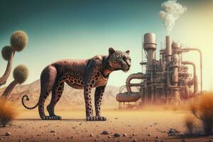 Jaguar panther standing in front Toxic mass from a chemica. Generative AI. photo