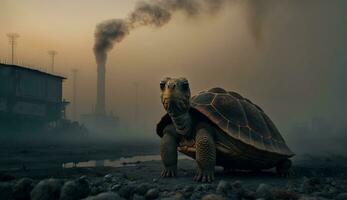 turtle stands watching a petrochemical refinery at sunrise. Generative AI. photo