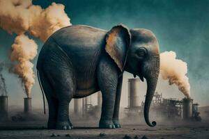 elephant stands watching a petrochemical refinery at sunrise. Generative AI. photo