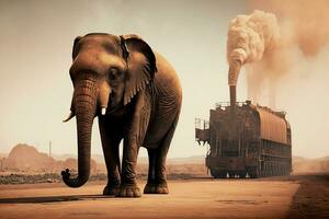 elephant stands watching a petrochemical refinery at sunrise. Generative AI. photo