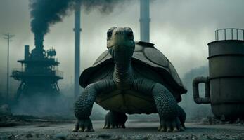 turtle stands watching a petrochemical refinery at sunrise. Generative AI. photo