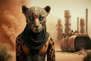 Jaguar panther standing in front Toxic mass from a chemica. Generative AI. photo