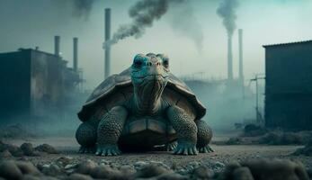 turtle stands watching a petrochemical refinery at sunrise. Generative AI. photo