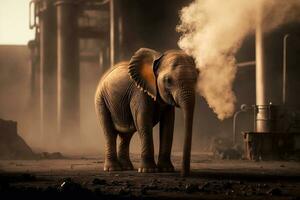 elephant stands watching a petrochemical refinery at sunrise. Generative AI. photo