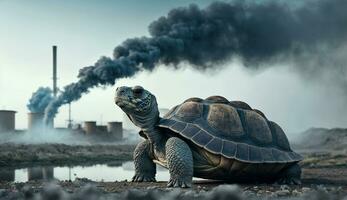 turtle stands watching a petrochemical refinery at sunrise. Generative AI. photo