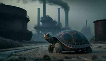 turtle stands watching a petrochemical refinery at sunrise. Generative AI. photo