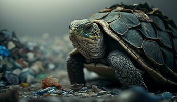 A turtle sleeps among the piles of plastic waste, concept of saving the world. Generative AI. photo