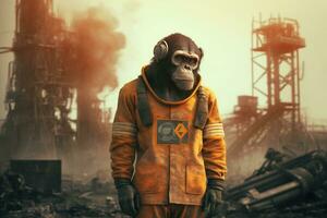 A monkey stands in front of chemicals above the factory. Generative AI. photo