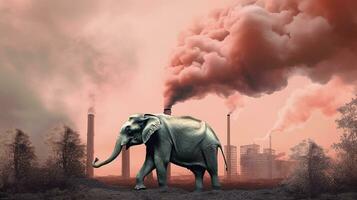 elephant stands watching a petrochemical refinery at sunrise. Generative AI. photo