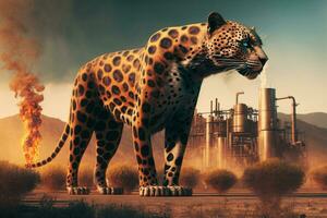 Jaguar panther standing in front Toxic mass from a chemica. Generative AI. photo