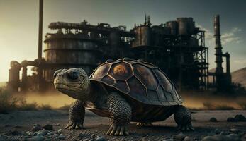 turtle stands watching a petrochemical refinery at sunrise. Generative AI. photo