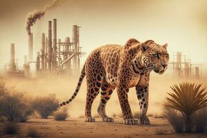 Jaguar panther standing in front Toxic mass from a chemica. Generative AI. photo