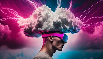 Young man using virtual reality headset. VR glasses, futuristic, technology, online education, education, video game concept. Generative AI. photo