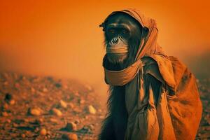 Monkey standing watching chemicals from factory at sunrise. Generative AI. photo