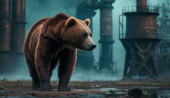 bear stands watching a petrochemical refinery at sunrise. Generative AI. photo