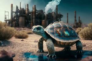 turtle stands watching a petrochemical refinery at sunrise. Generative AI. photo