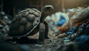 A turtle sleeps among the piles of plastic waste, concept of saving the world. Generative AI. photo