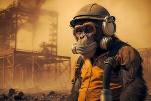 A monkey stands in front of chemicals above the factory. Generative AI. photo