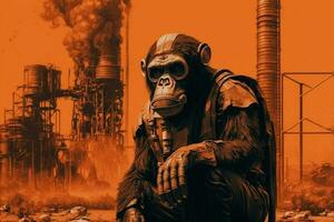 A monkey stands in front of chemicals above the factory. Generative AI. photo